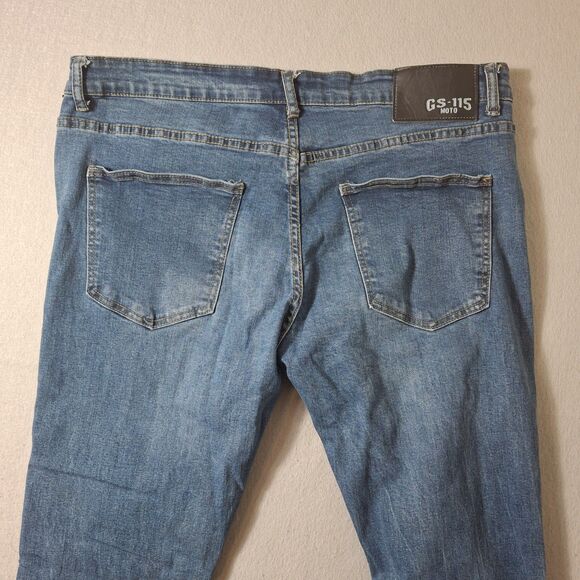 GS 115 Moto Jeans Mens 38x30 Blue Denim Distressed Motorcycle Straight Leg - Picture 13 of 14